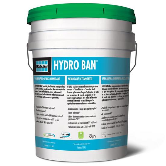 A white and green bucket labeled LATICRETE HYDRO BAN 5GAL. by Laticrete features anti-microbial tech, waterproof membrane instructions, English/French details, crack isolation benefits, and a green lid.